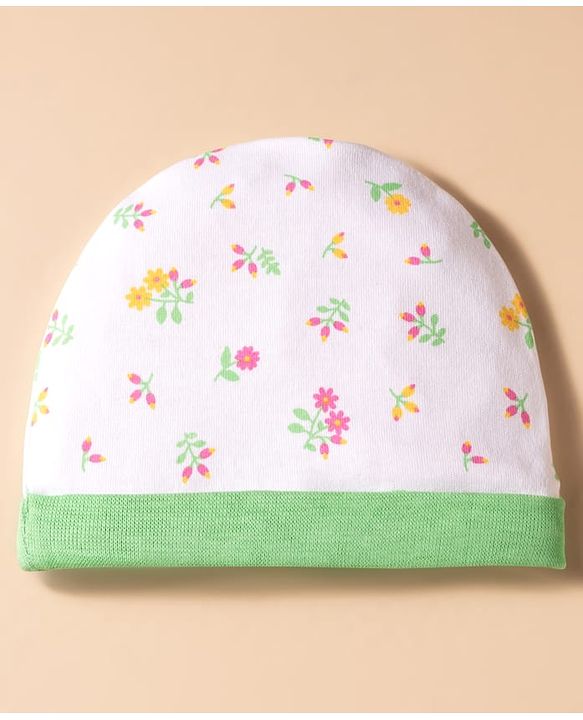 Babyhug 100% Cotton Knit Floral Printed Cap Mittens & Booties Set White & Light Green - Diameter 16 cm