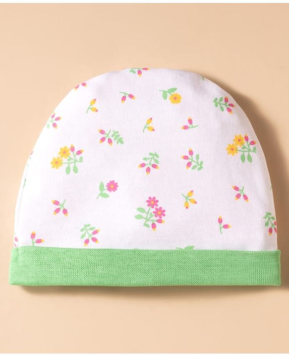 Babyhug 100% Cotton Knit Floral Printed Cap Mittens & Booties Set White & Light Green - Diameter 16 cm