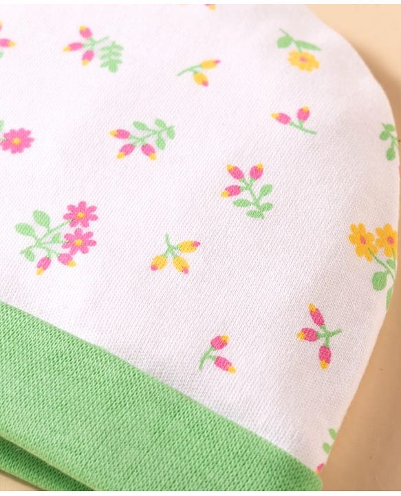 Babyhug 100% Cotton Knit Floral Printed Cap Mittens & Booties Set White & Light Green - Diameter 16 cm