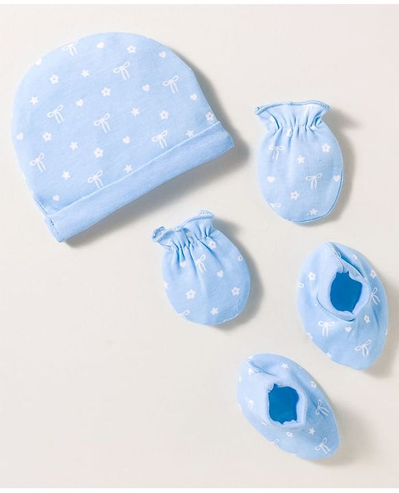 Babyhug 100% Cotton Knit Cap Mittens & Booties Set with Floral Print White &  Blue - Diameter 16 cm