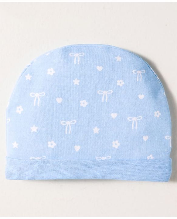 Babyhug 100% Cotton Knit Cap Mittens & Booties Set with Floral Print White &  Blue - Diameter 16 cm