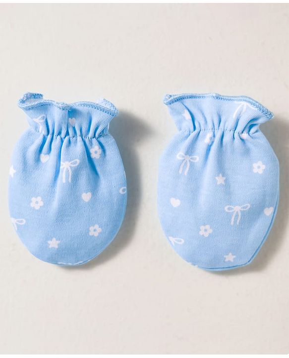 Babyhug 100% Cotton Knit Cap Mittens & Booties Set with Floral Print White &  Blue - Diameter 16 cm