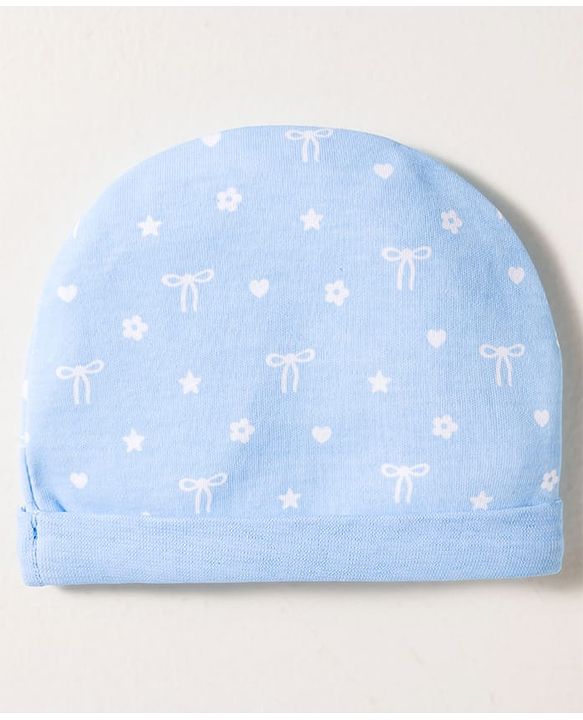 Babyhug 100% Cotton Knit Cap Mittens & Booties Set with Floral Print White &  Blue - Diameter 16 cm