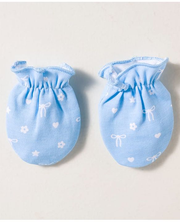 Babyhug 100% Cotton Knit Cap Mittens & Booties Set with Floral Print White &  Blue - Diameter 16 cm