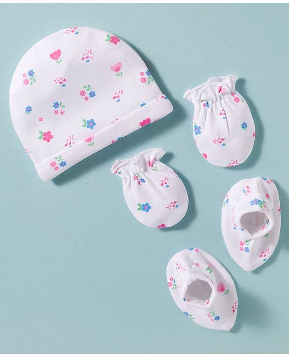 Babyhug 100% Cotton Knit Cap Mittens & Booties Set with Floral Print White - Diameter 16 cm