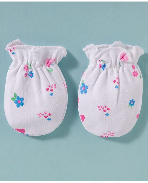 Babyhug 100% Cotton Knit Cap Mittens & Booties Set with Floral Print White - Diameter 16 cm