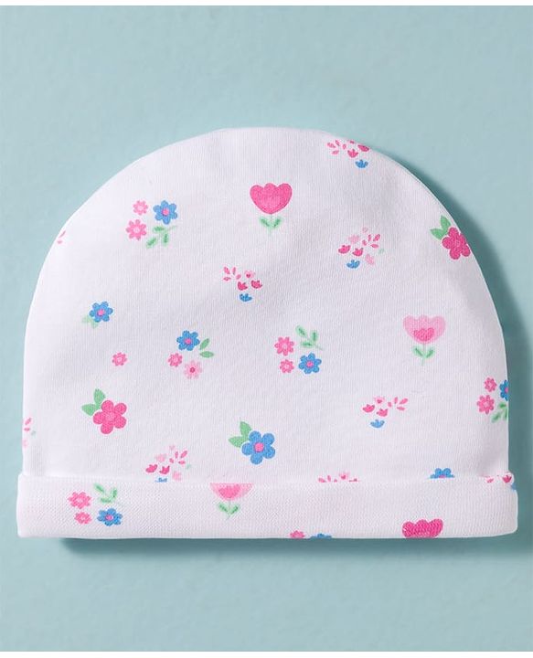 Babyhug 100% Cotton Knit Cap Mittens & Booties Set with Floral Print White - Diameter 16 cm