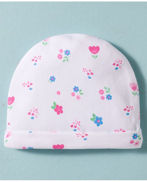 Babyhug 100% Cotton Knit Cap Mittens & Booties Set with Floral Print White - Diameter 16 cm