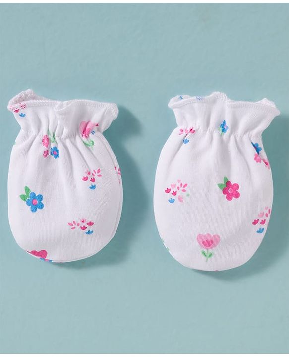Babyhug 100% Cotton Knit Cap Mittens & Booties Set with Floral Print White - Diameter 16 cm