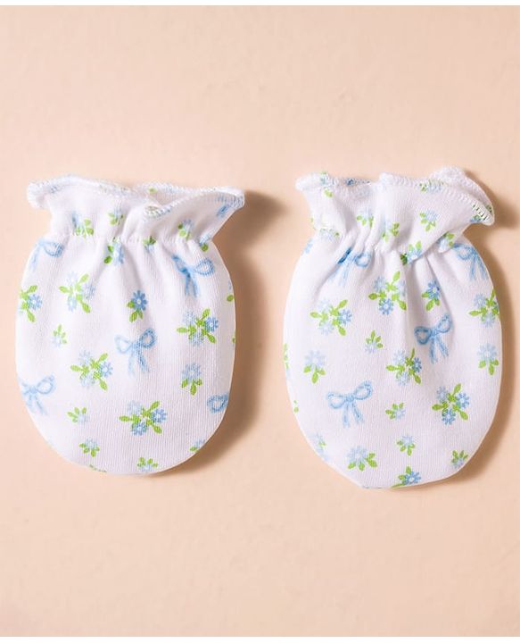 Babyhug 100% Cotton Knit Mittens & Booties with Floral Print - White