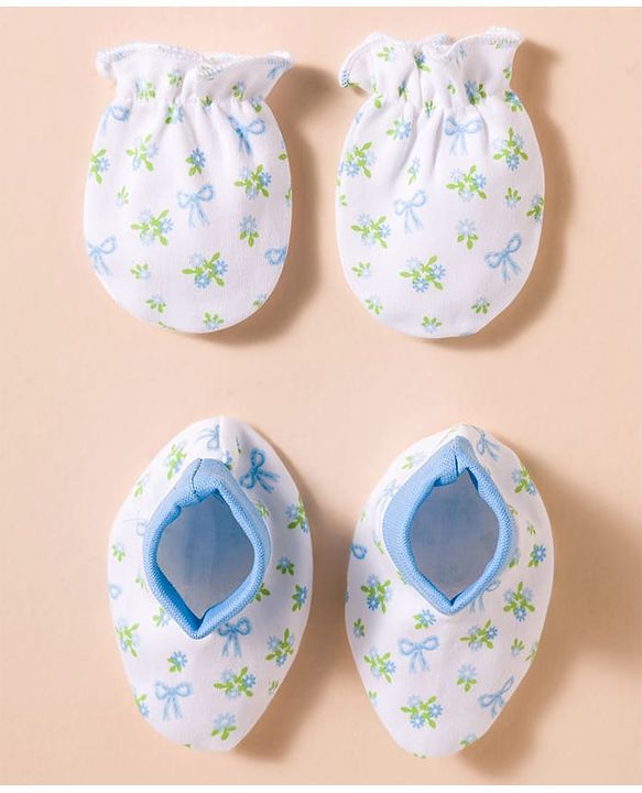 Babyhug 100% Cotton Knit Mittens & Booties with Floral Print - White