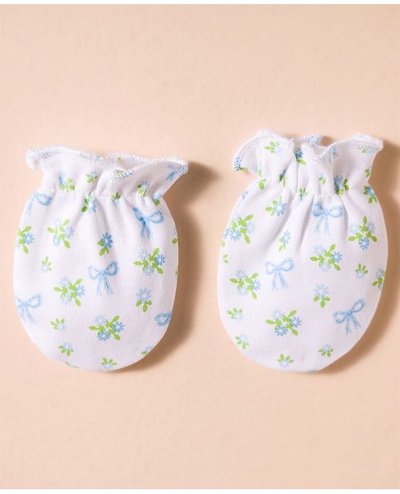Babyhug 100% Cotton Knit Mittens & Booties with Floral Print - White