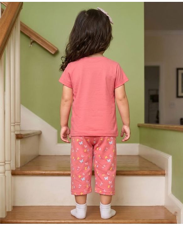 Babyhug Cotton Knit Half Sleeves T-Shirt & Capri Night Suit With Unicorn Print - Pink