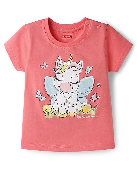 Babyhug Cotton Knit Half Sleeves T-Shirt & Capri Night Suit With Unicorn Print - Pink