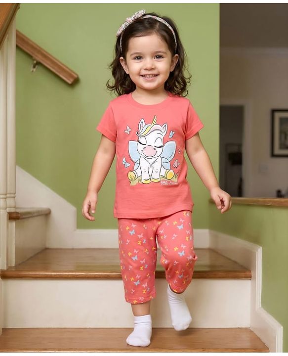 Babyhug Cotton Knit Half Sleeves T-Shirt & Capri Night Suit With Unicorn Print - Pink