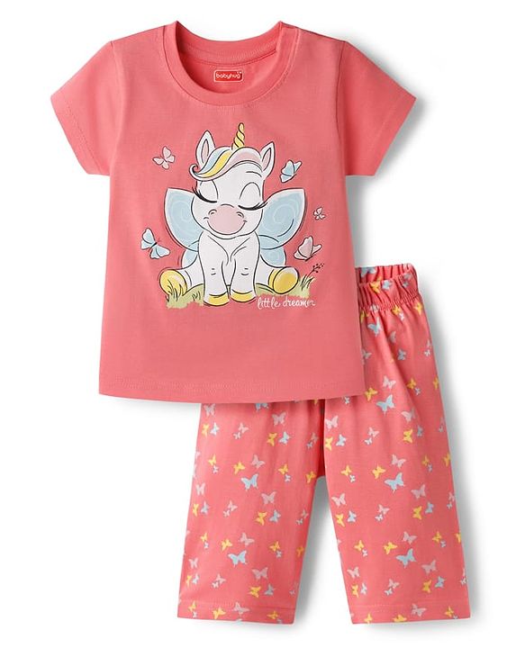 Babyhug Cotton Knit Half Sleeves T-Shirt & Capri Night Suit With Unicorn Print - Pink