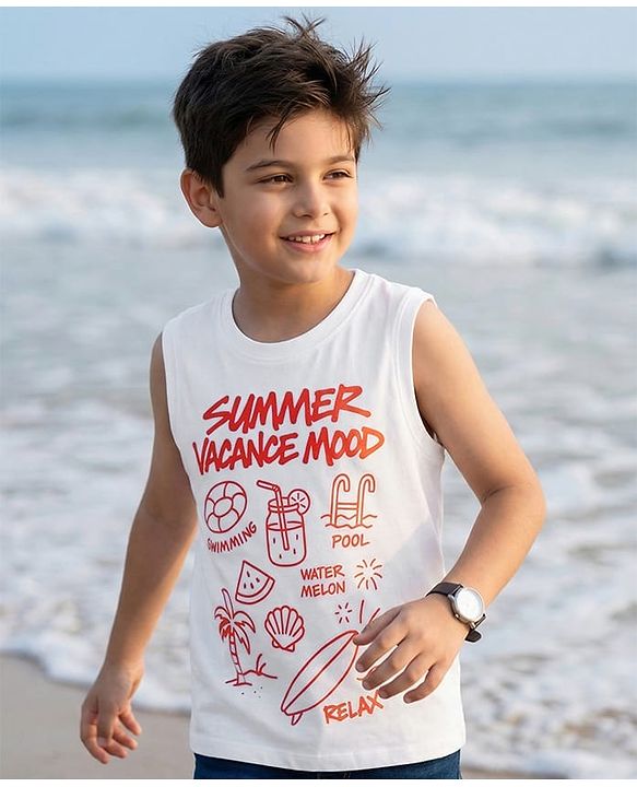Pine Kids Cotton Knit Sleeveless Tank T-Shirt with Vacation Print - White