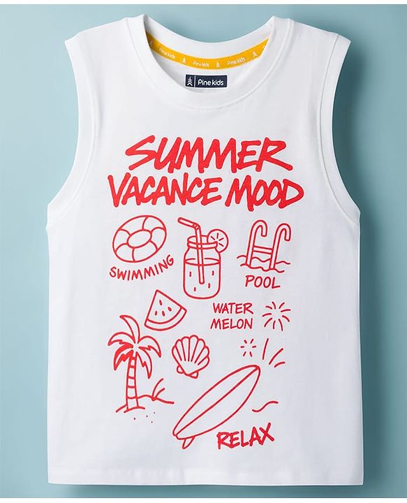 Pine Kids Cotton Knit Sleeveless Tank T-Shirt with Vacation Print - White