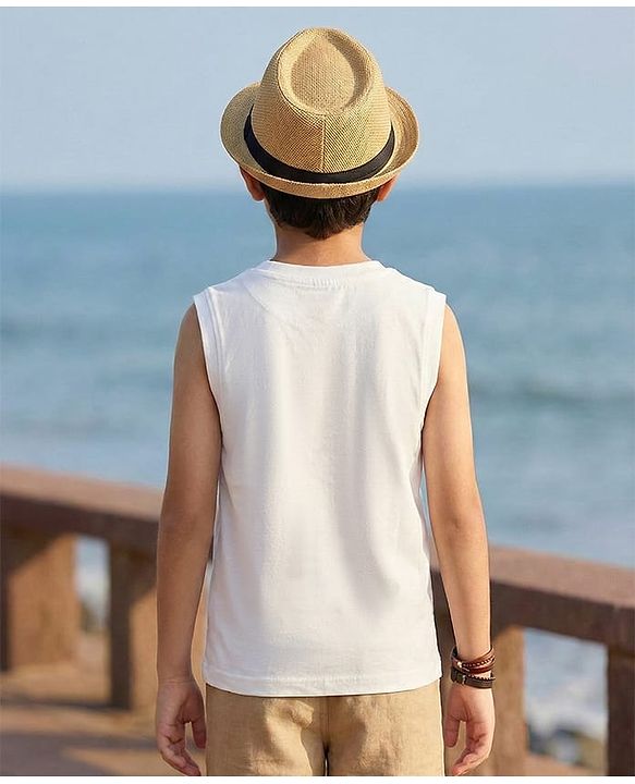 Pine Kids Cotton Knit Sleeveless Tank T-Shirt with Light House Print - White