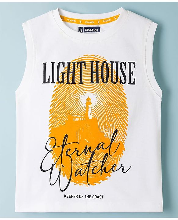 Pine Kids Cotton Knit Sleeveless Tank T-Shirt with Light House Print - White