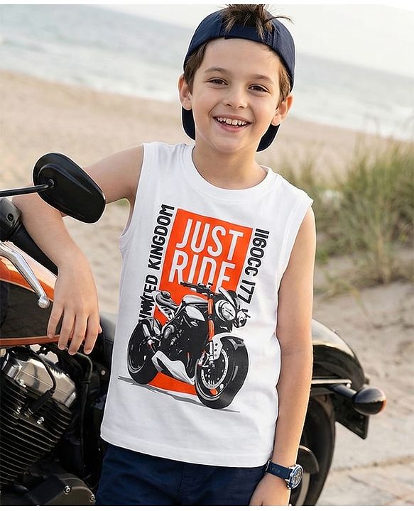 Pine Kids Cotton Knit Sleeveless Tank T-Shirt with Just Ride Print - White