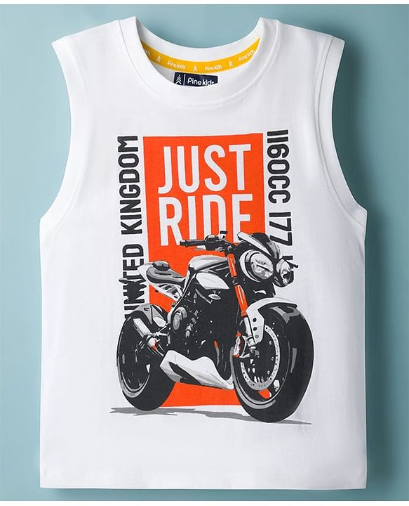 Pine Kids Cotton Knit Sleeveless Tank T-Shirt with Just Ride Print - White