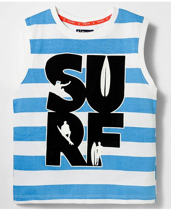 Pine Kids Cotton Knit Sleeveless Striped Tank T-Shirt with Surfing Print - White