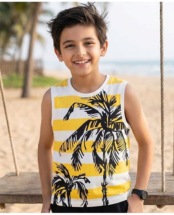 Pine Kids Cotton Knit Sleeveless Striped Tank T-Shirt with Coconut Tree Print - White