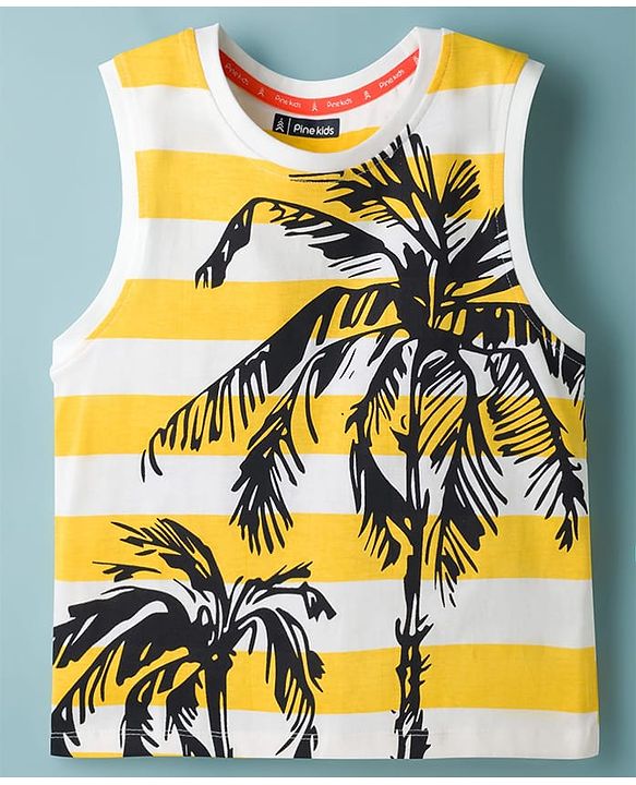 Pine Kids Cotton Knit Sleeveless Striped Tank T-Shirt with Coconut Tree Print - White