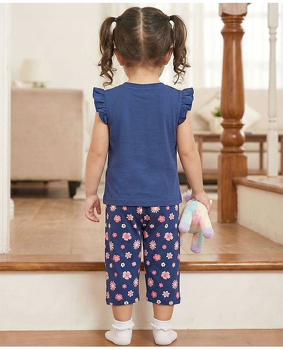 Babyhug Cotton Knit Half Sleeves T-Shirt & Capri Night Suit With Floral Print - Navy Blue