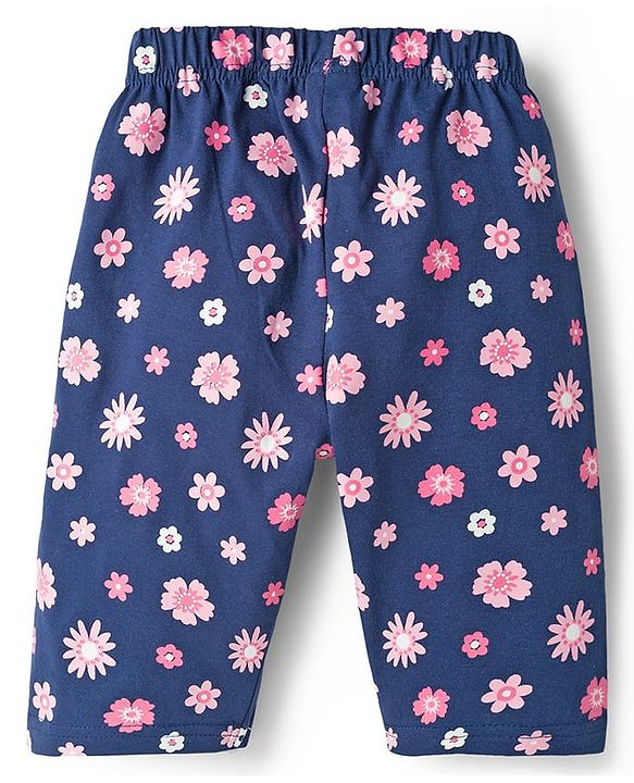 Babyhug Cotton Knit Half Sleeves T-Shirt & Capri Night Suit With Floral Print - Navy Blue