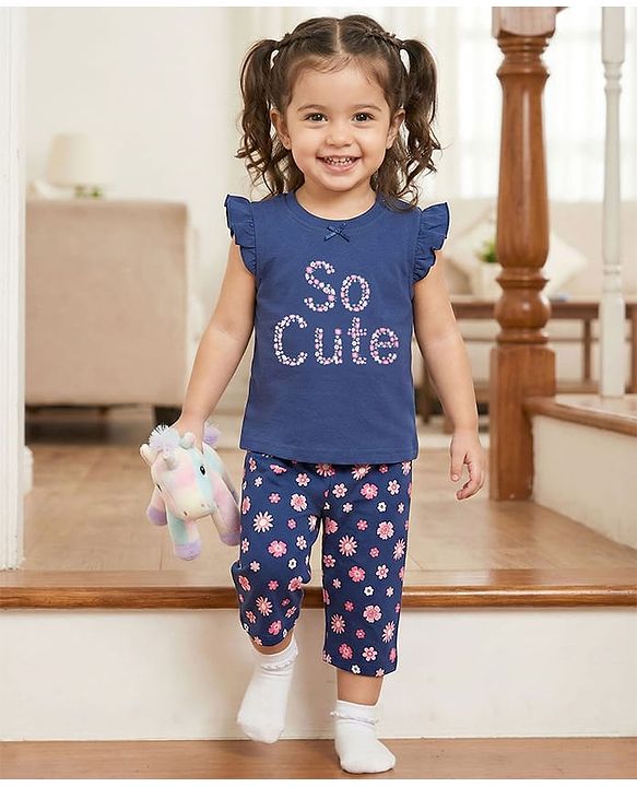 Babyhug Cotton Knit Half Sleeves T-Shirt & Capri Night Suit With Floral Print - Navy Blue