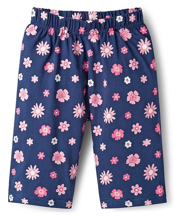 Babyhug Cotton Knit Half Sleeves T-Shirt & Capri Night Suit With Floral Print - Navy Blue