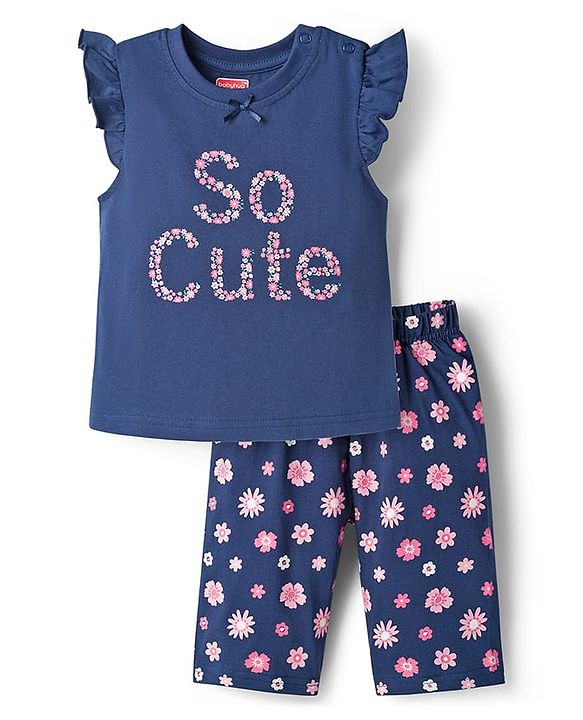 Babyhug Cotton Knit Half Sleeves T-Shirt & Capri Night Suit With Floral Print - Navy Blue