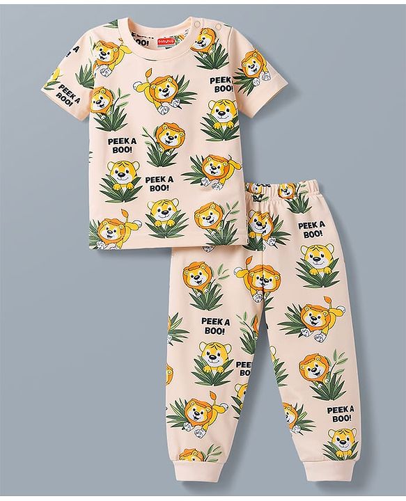 Babyhug Cotton Knit Half Sleeves T-Shirt & Pyjama Co-ord Night Suit With Lion Print - Cream