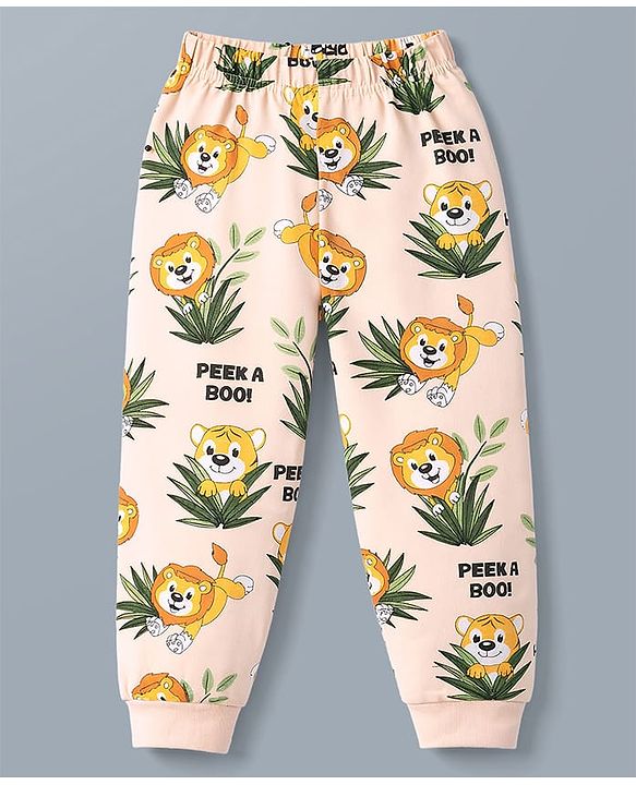 Babyhug Cotton Knit Half Sleeves T-Shirt & Pyjama Co-ord Night Suit With Lion Print - Cream