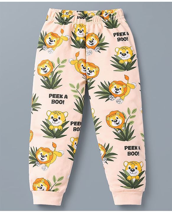 Babyhug Cotton Knit Half Sleeves T-Shirt & Pyjama Co-ord Night Suit With Lion Print - Cream