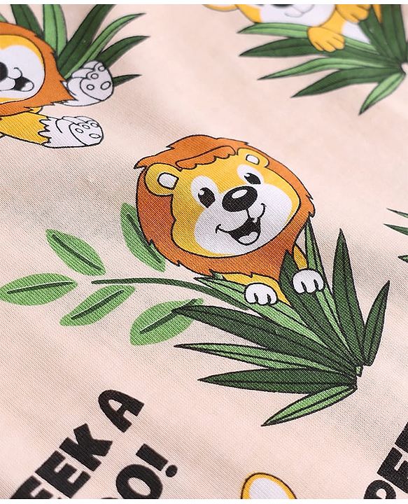 Babyhug Cotton Knit Half Sleeves T-Shirt & Pyjama Co-ord Night Suit With Lion Print - Cream