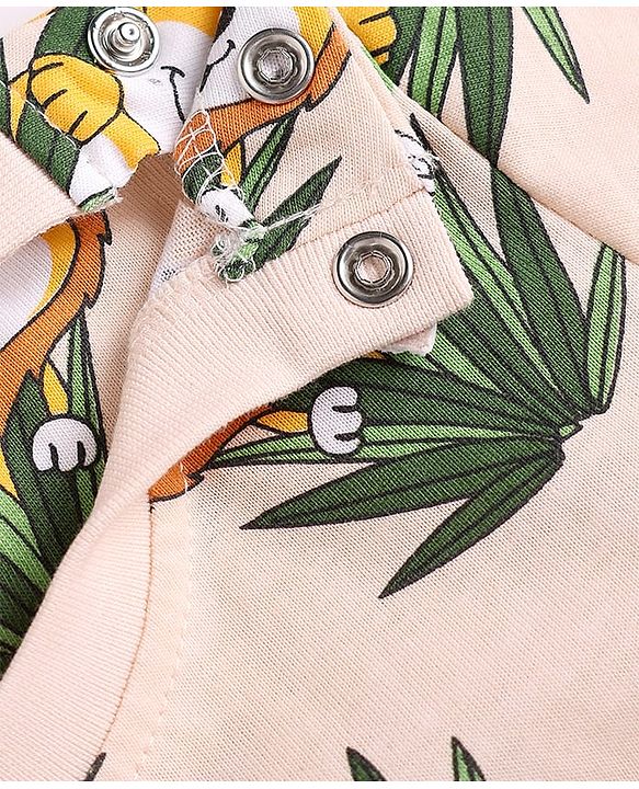 Babyhug Cotton Knit Half Sleeves T-Shirt & Pyjama Co-ord Night Suit With Lion Print - Cream