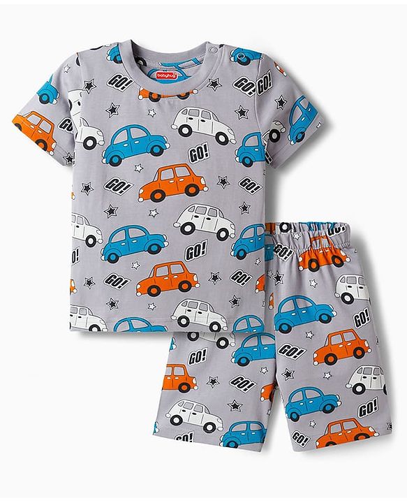 Babyhug Cotton Knit Half Sleeves Co-ords T-Shirt & Short Night Suit with Car Print - Grey