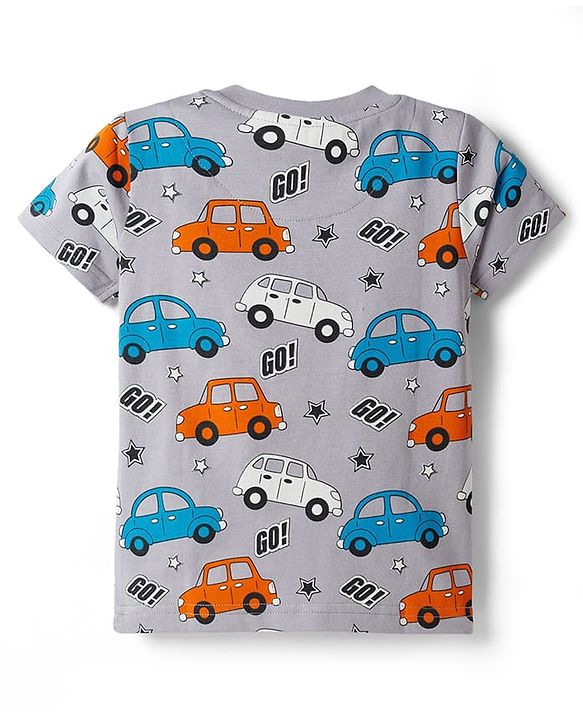 Babyhug Cotton Knit Half Sleeves Co-ords T-Shirt & Short Night Suit with Car Print - Grey