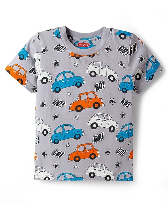 Babyhug Cotton Knit Half Sleeves Co-ords T-Shirt & Short Night Suit with Car Print - Grey