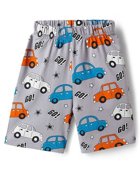 Babyhug Cotton Knit Half Sleeves Co-ords T-Shirt & Short Night Suit with Car Print - Grey