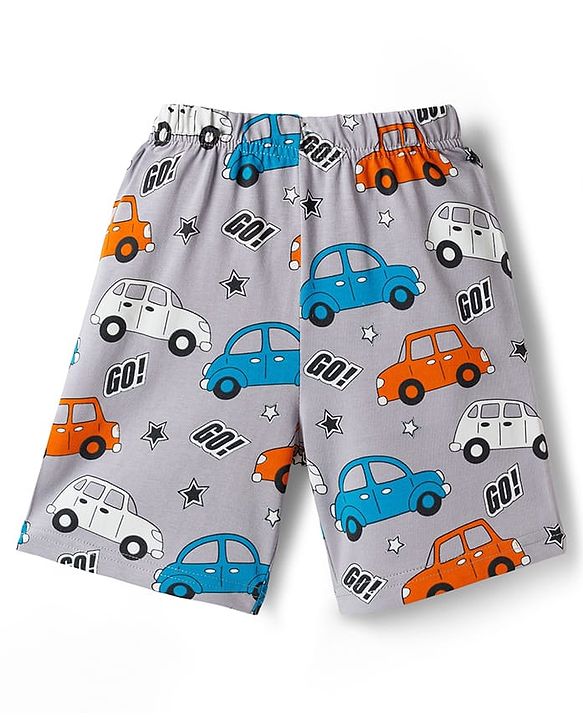 Babyhug Cotton Knit Half Sleeves Co-ords T-Shirt & Short Night Suit with Car Print - Grey