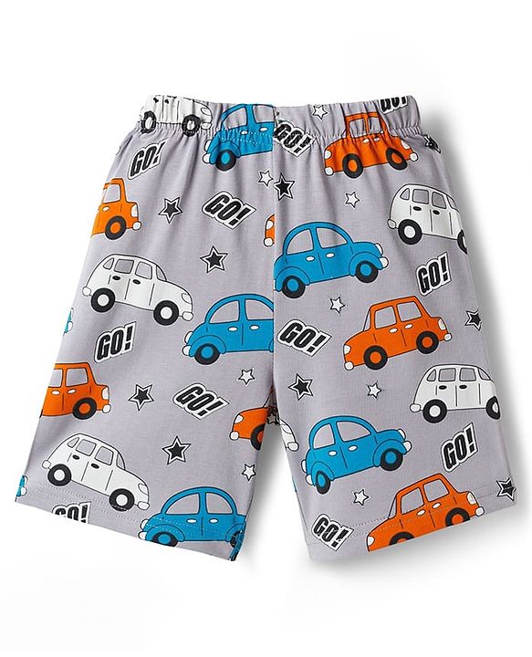 Babyhug Cotton Knit Half Sleeves Co-ords T-Shirt & Short Night Suit with Car Print - Grey