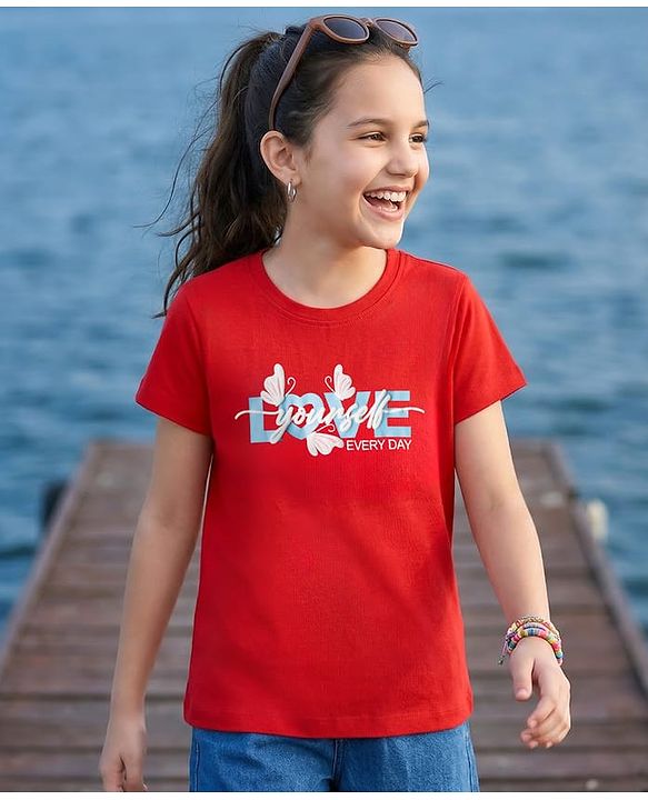 Pine Kids Cotton Knit Half Sleeves T-Shirt With Butterfly Print - Red