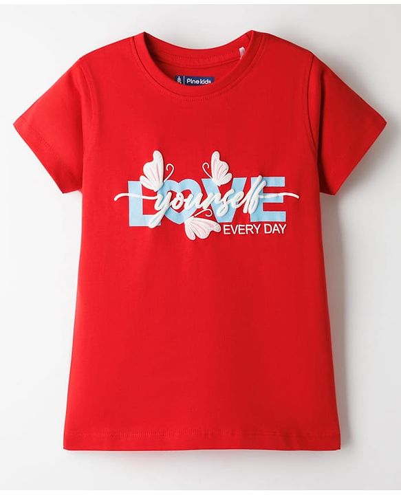Pine Kids Cotton Knit Half Sleeves T-Shirt With Butterfly Print - Red