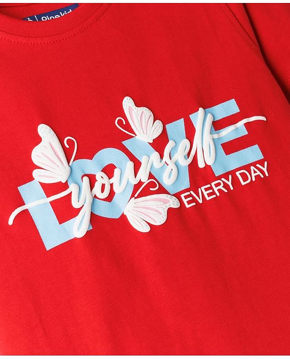 Pine Kids Cotton Knit Half Sleeves T-Shirt With Butterfly Print - Red