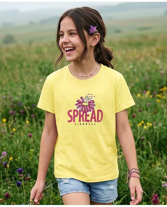 Pine Kids 100% Cotton Knit Half Sleeves Floral Printed T-Shirt - Yellow