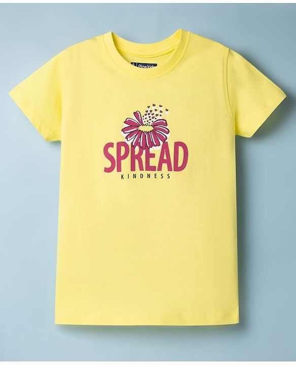 Pine Kids 100% Cotton Knit Half Sleeves Floral Printed T-Shirt - Yellow